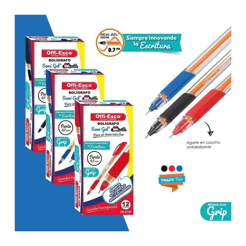 Bolígrafo Semi Gel 0.7 m Cuerpo Triangular Trazo Fino con Glip OE-074F Offi-Esco