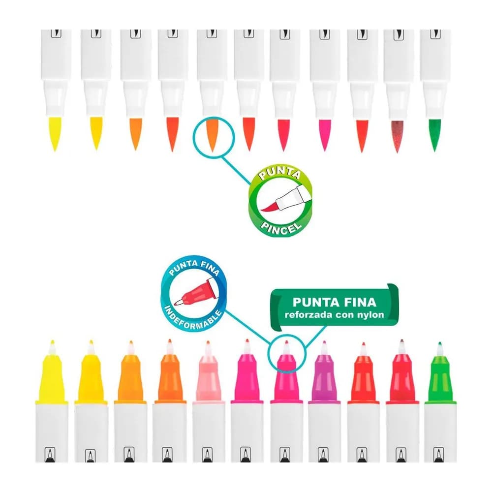 Plumones punta pincel Doble punta x 12 Unds. Offi-Esco