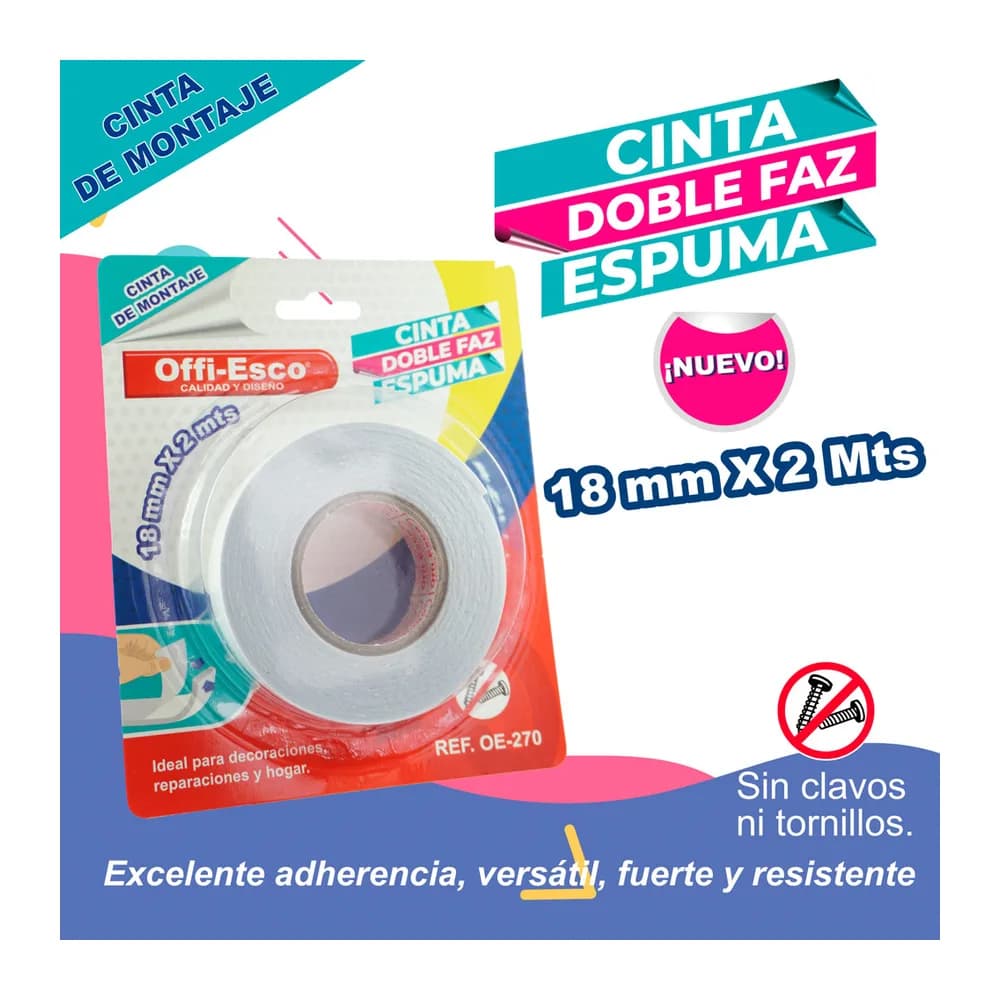 Cinta de Montaje Doble Faz Espuma 18mm x 2m OE-270 Offi-Esco