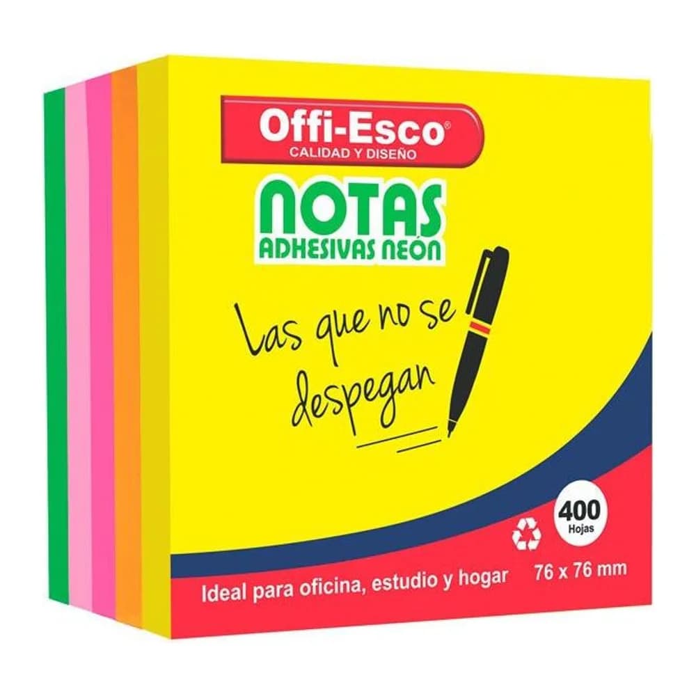Notas adhesivas 76×76 mm Colores neón PQ x 400 hojas surtida Offi-Esco