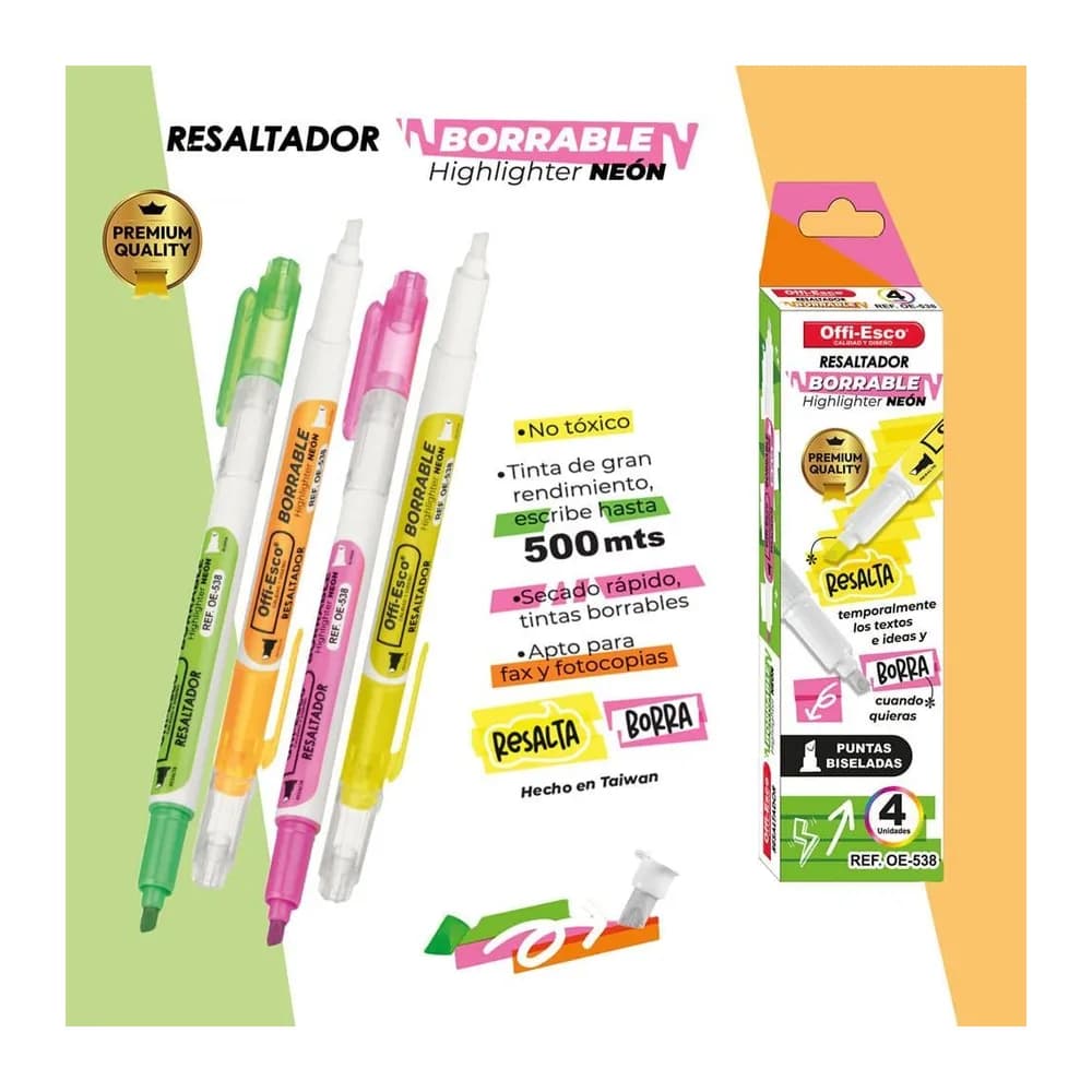 Resaltador borrable punta biselada Estuche x 4 Unds. OE-538 Offi-Esco