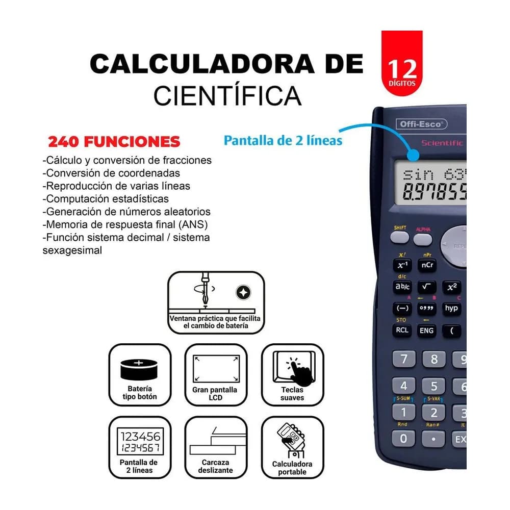 Calculadora científica 12 dígitos – 240 funciones Offi-Esco