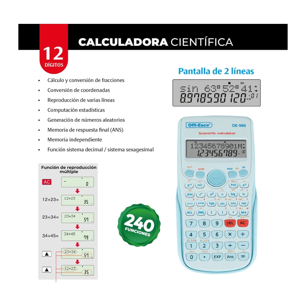 Calculadora científica OE-986 12 dígitos – 240 funciones Offi-Esco