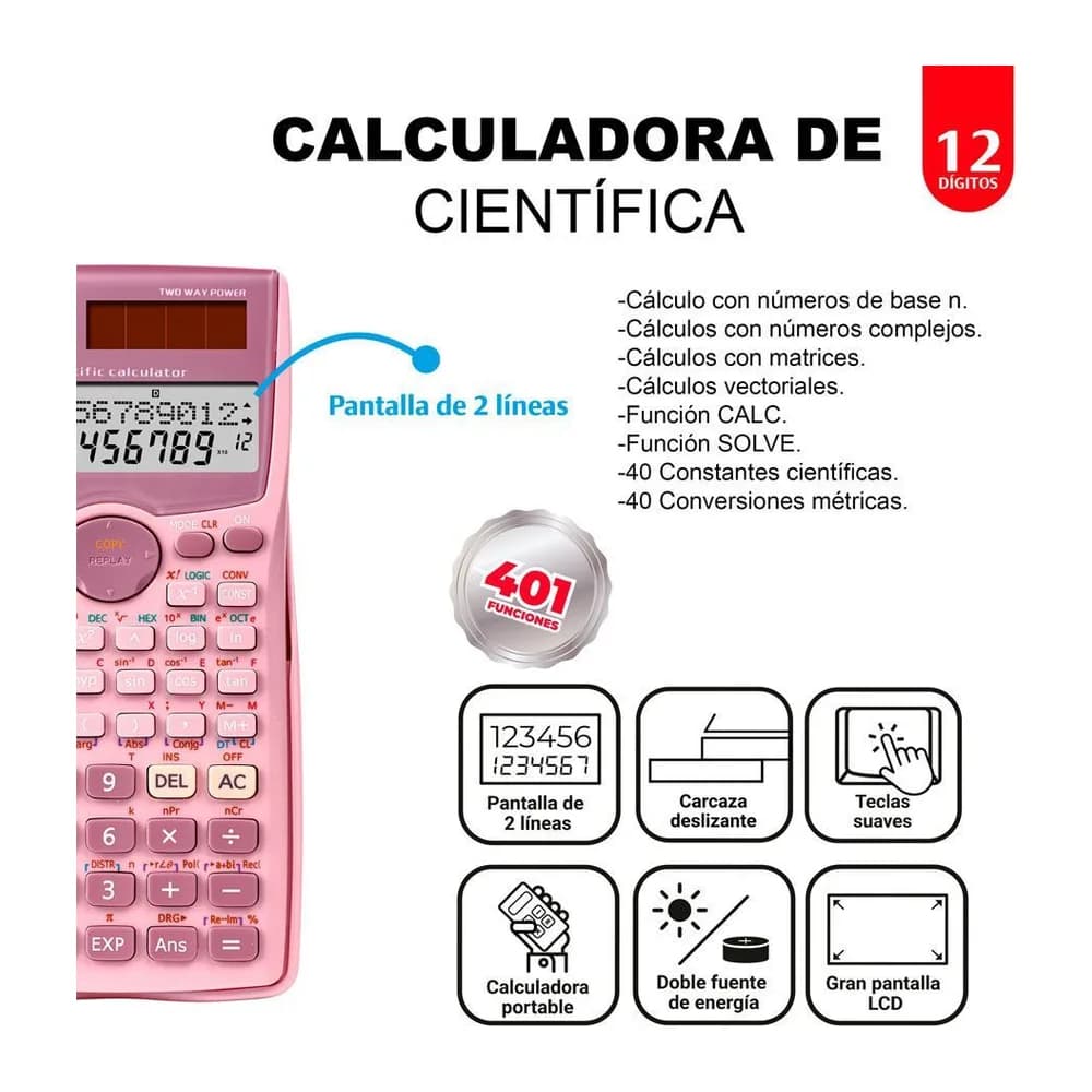 Calculadora científica 12 dígitos – 401 funciones Offi-Esco