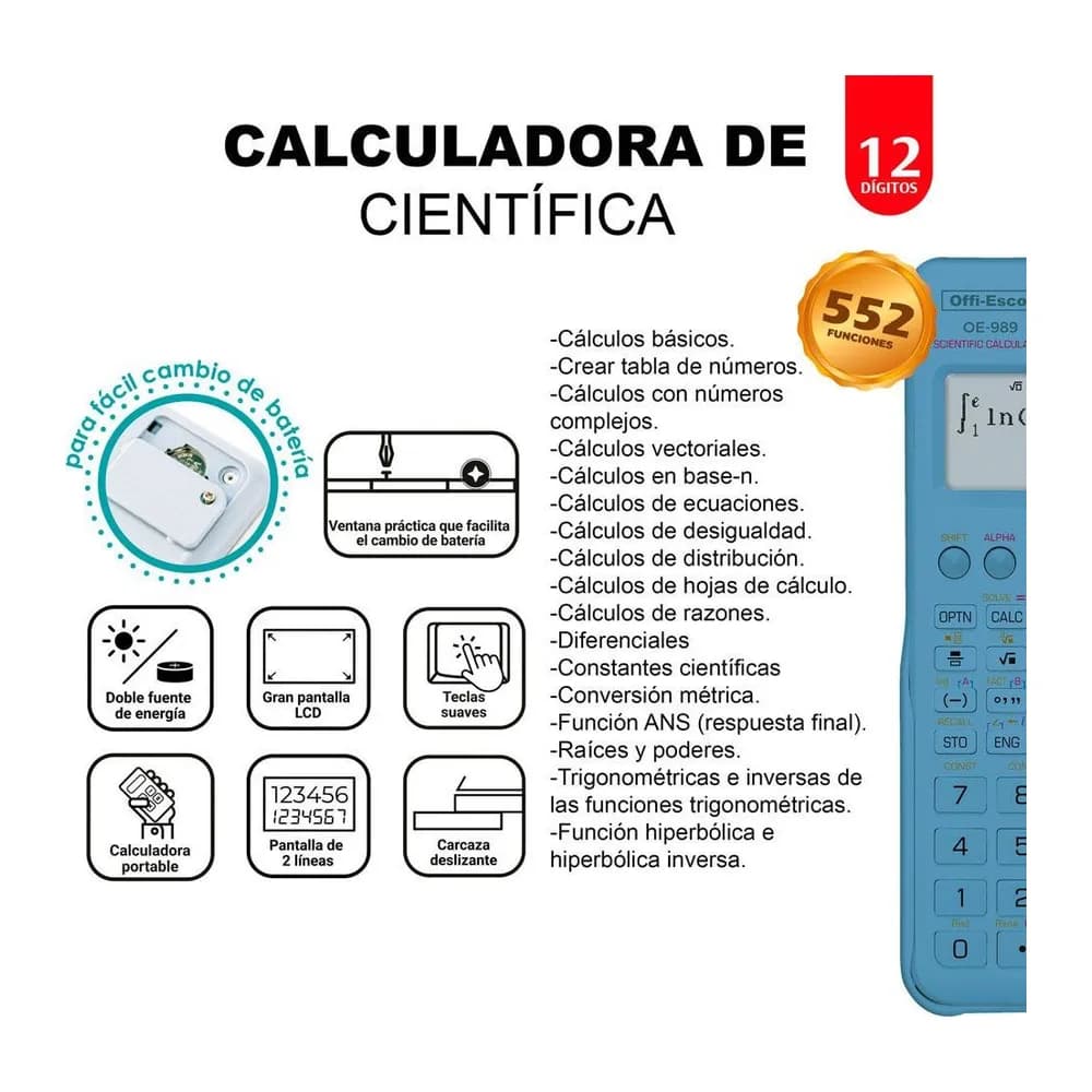 Calculadora científica 12 dígitos – 552 funciones Offi-Esco