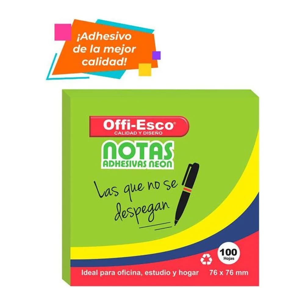 Notas adhesivas 76×76 mm Colores neón PQ x 100 hojas Offi-Esco