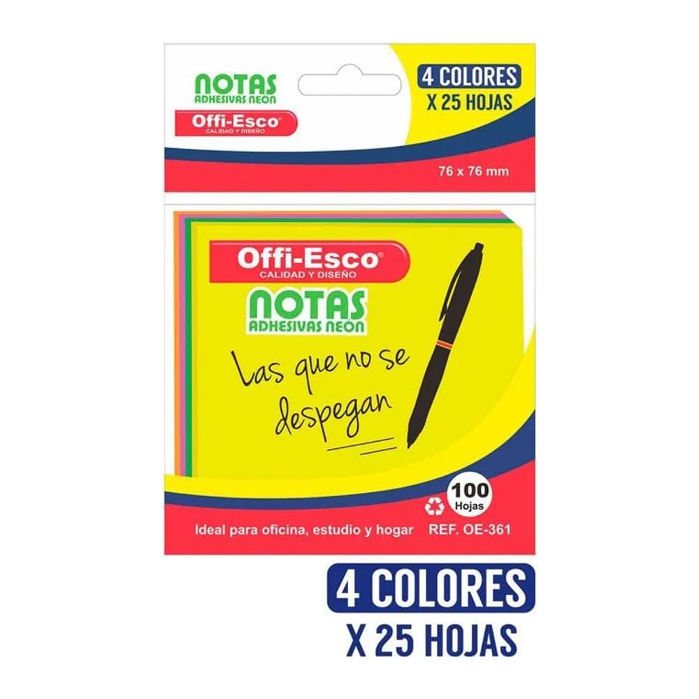 Notas adhesivas 76×76 mm Colores neón PQ x 100 hojas surtida Offi-Esco