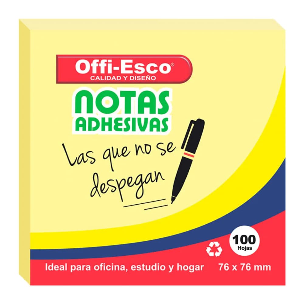Notas adhesivas 76×76 mm Amarillas PQ x 100 hojas OE-362 Offi-Esco