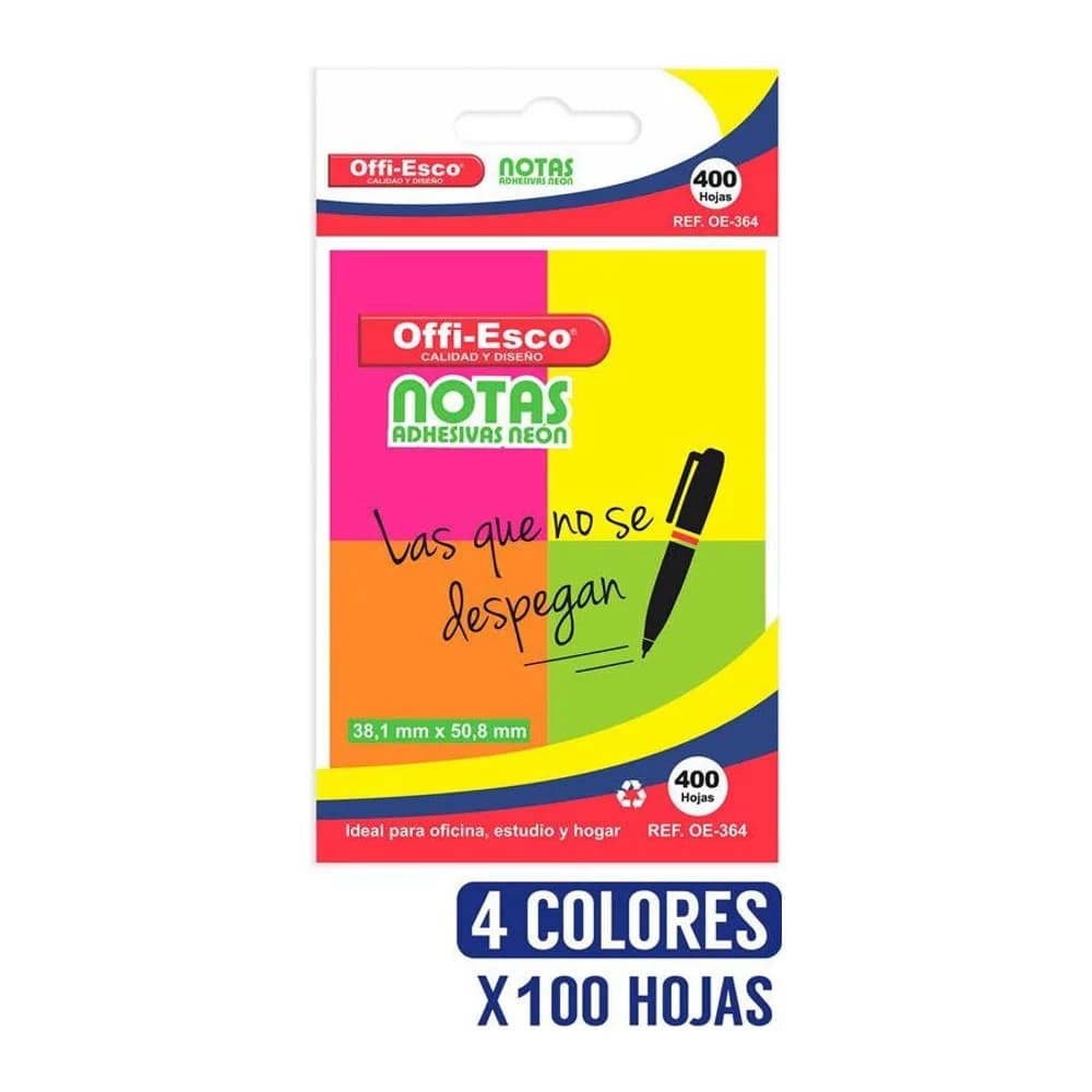 Notas adhesivas neón x4 38x50mm PQ x 400 hojas Offi-Esco