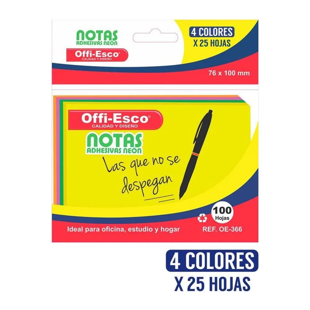 Notas adhesivas 76×100 mm Colores neón PQ x 100 hojas surtidas Offi-Esco