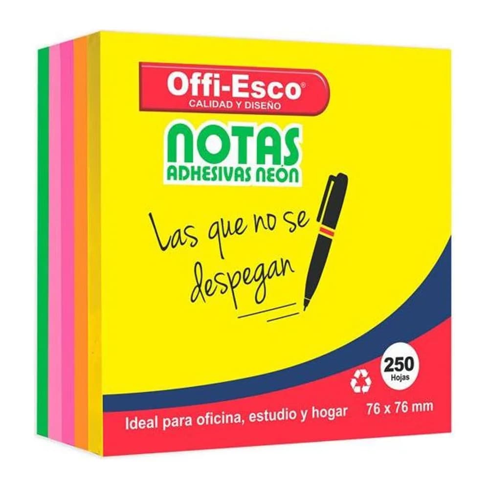 Taco notas adhesivas x 250 hojas Colores neón 76×76 mm Offi-Esco