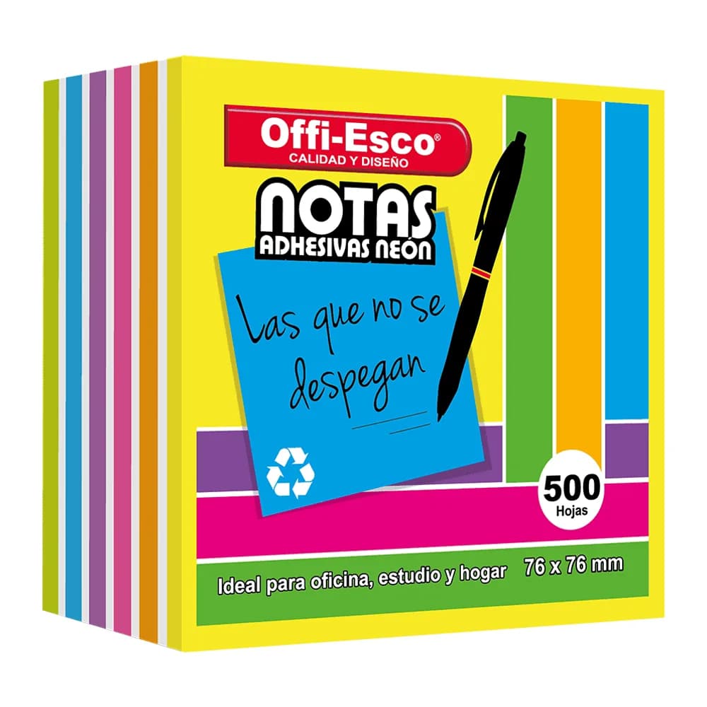 Notas adhesivas 76×76 mm Colores neón PQ x 500 hojas OE-375 Offi-Esco